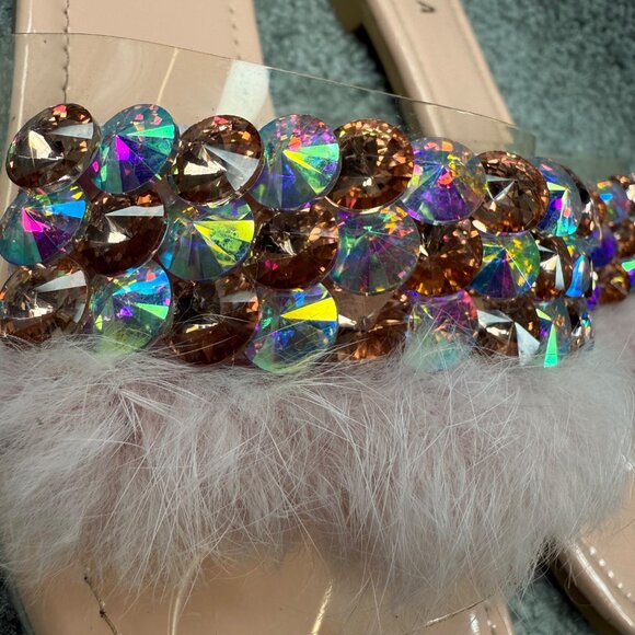 Faux Fur & Rhinestone Embellished Pink Slide Sandals Miss Lola Size 9 Slip On - Picture 3 of 16